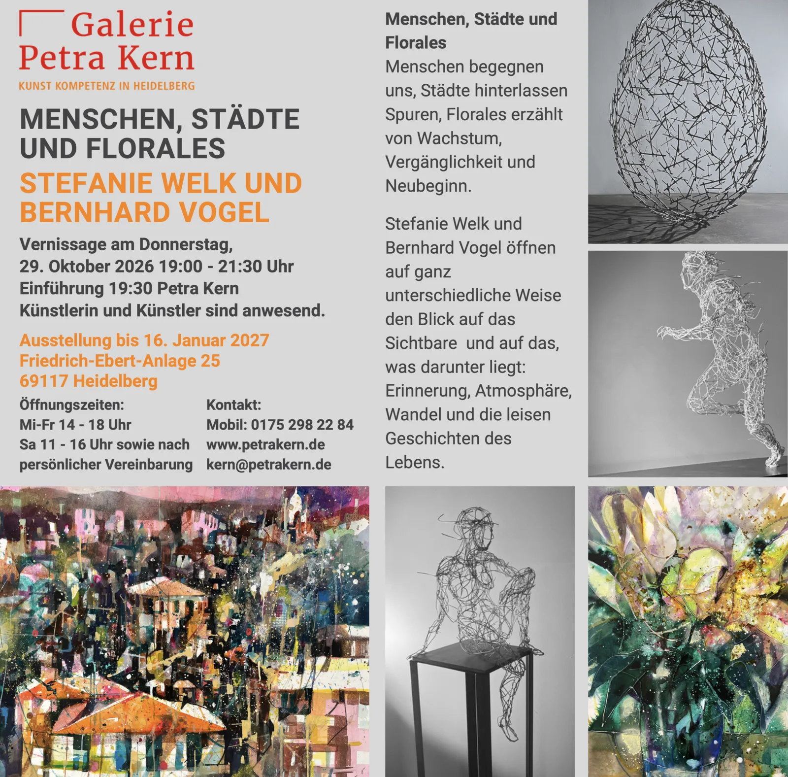 Einladung zur Ausstellung MENSCHEN, STÄDTE UND FLORALES mit Drahtskulpturen von Bildhauerin Stefanie Welk und Bildern von Bernhard Vogel, Galerie Petra Kern Heidelberg